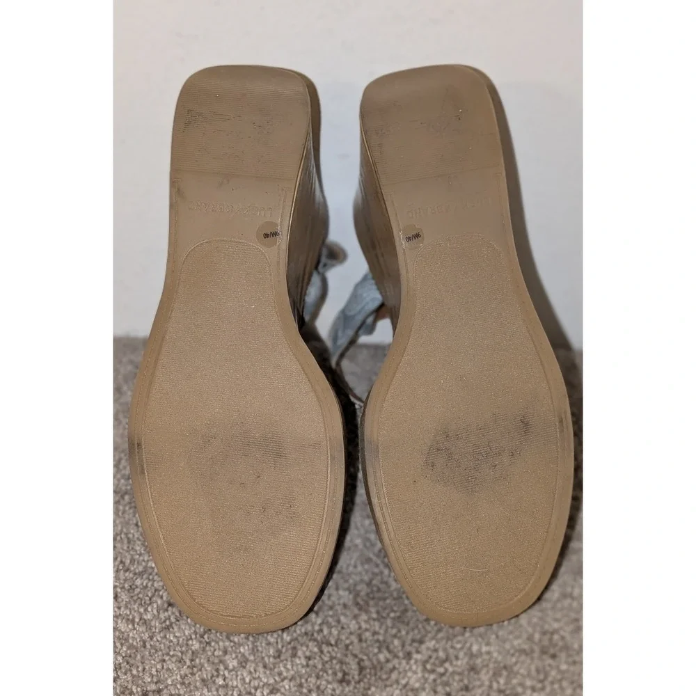 Lucky Brand Blue Paisley Denim Platform Wedge‎ Sandals 9M 40 Boho Wood Grain